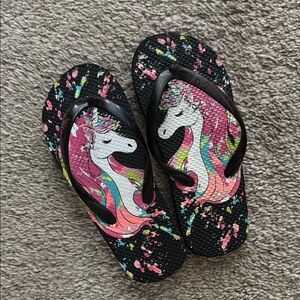 Kids Unicorn Flip Flops - Black and Pink